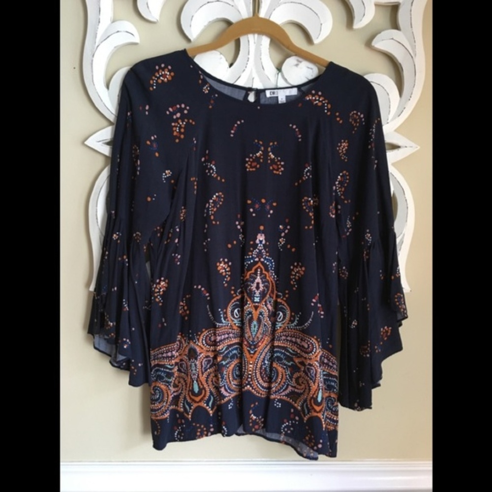 Nordstrom Bell Sleeve Navy Blue Shirt EUC